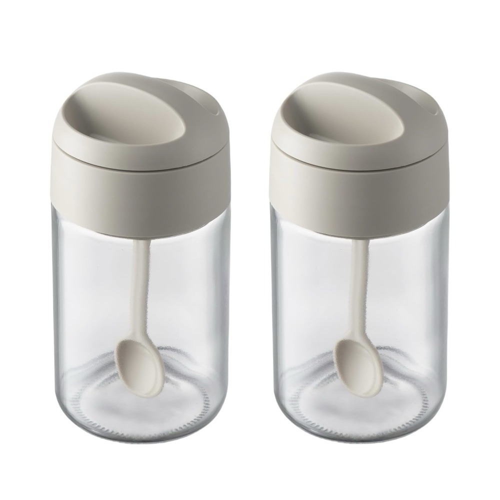 Lot of 2 Sugar Salt Spice Sauce Jar Sets Glass with Spoon 8.5oz -4 Total Glasses